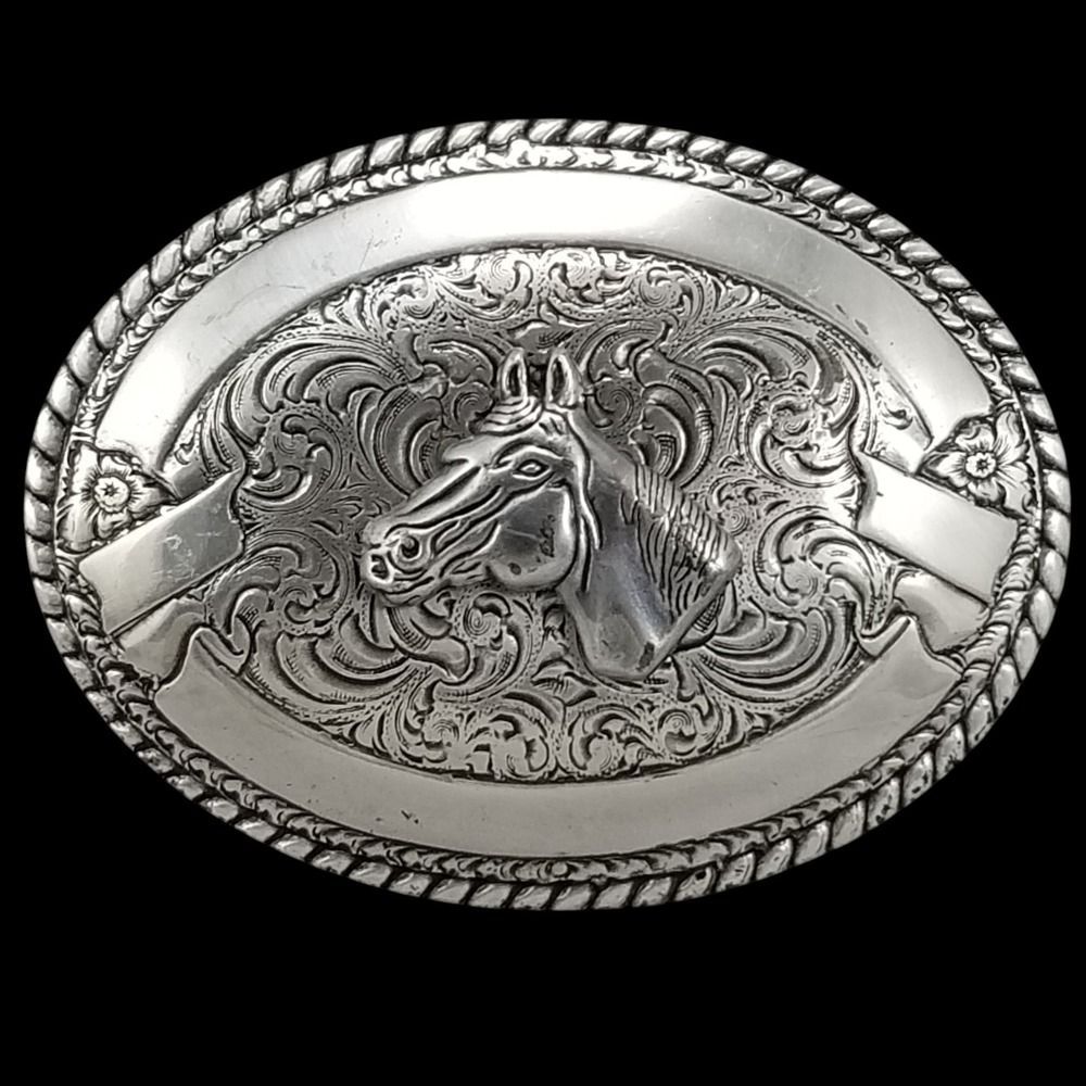 Crumrine Oval Silver Tone‎ Horse Western Cowboy Belt Buckle Ornate Scrollwork